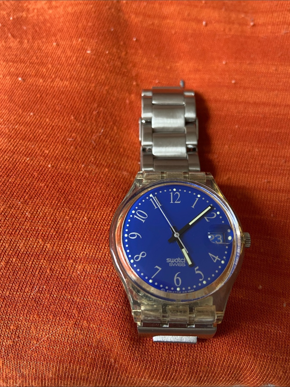 Swatch Silver Stainless Steel Bracelet Watch with Yellow Accent